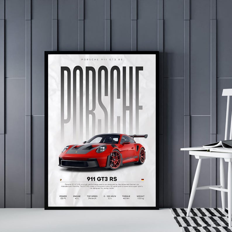 Kaevion Porsche 911 GT3 RS, GT-R R35, GT500, Matte Wall Poster Frames, Car Theme Frames, Hanging Aesthetic Poster for Home, Bedroom, Office