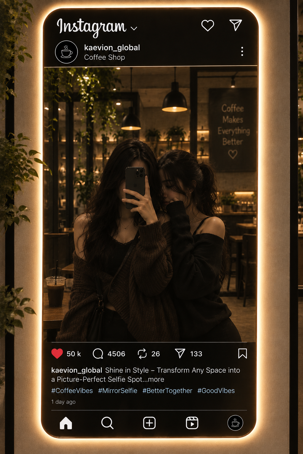 Kaevion® Personalized Instagram Selfie Mirror Social Media Interface Design Premium Backlit With Touch Sensor