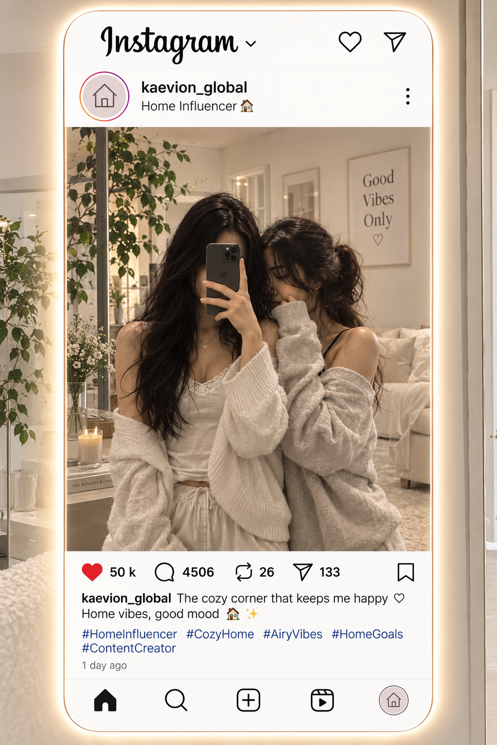 Kaevion® Personalized Instagram Selfie Mirror Social Media Interface Design Premium Backlit With Touch Sensor