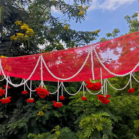 KAEVION Bridal Entry Phoolon ki Chaddar with Artificial Roses and Pearl Drops | Traditional Indian Wedding Bride Entry Canopy with Sticks | Net Wedding Chaddar for Haldi, Mehendi, Nikah