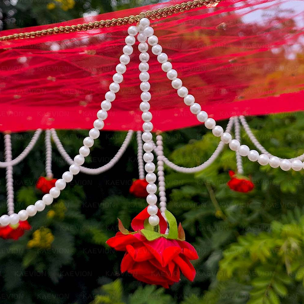 KAEVION Bridal Entry Phoolon ki Chaddar with Artificial Roses and Pearl Drops | Traditional Indian Wedding Bride Entry Canopy with Sticks | Net Wedding Chaddar for Haldi, Mehendi, Nikah