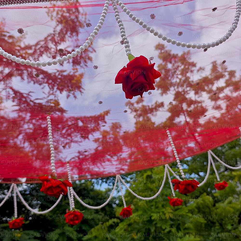 KAEVION Bridal Entry Phoolon ki Chaddar with Artificial Roses and Pearl Drops | Traditional Indian Wedding Bride Entry Canopy with Sticks | Net Wedding Chaddar for Haldi, Mehendi, Nikah