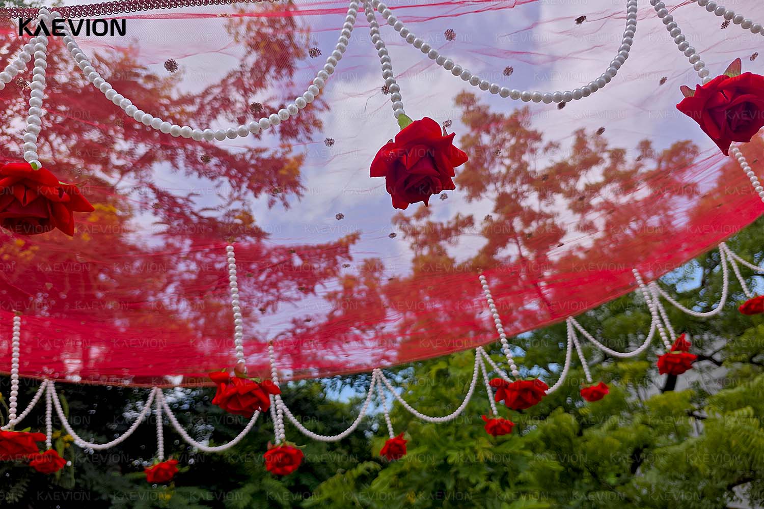 KAEVION Bridal Entry Phoolon ki Chaddar with Artificial Roses and Pearl Drops | Traditional Indian Wedding Bride Entry Canopy with Sticks | Net Wedding Chaddar for Haldi, Mehendi, Nikah