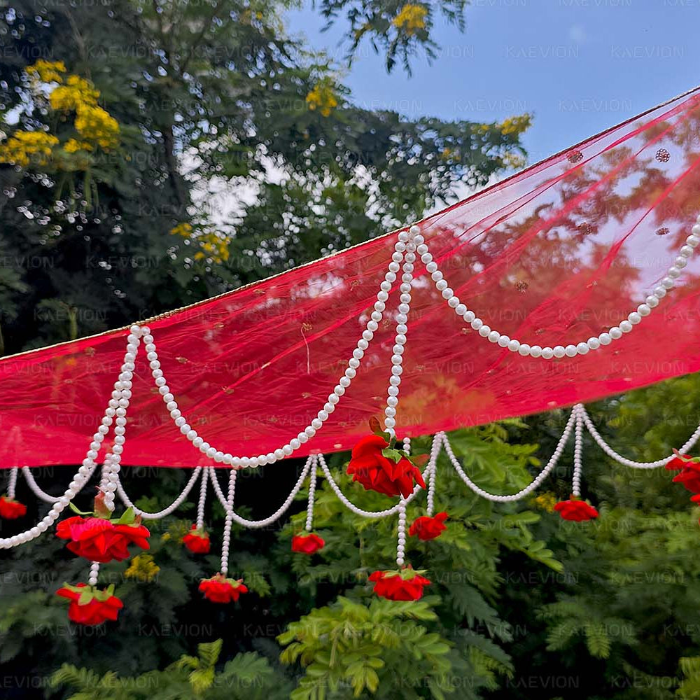 KAEVION Bridal Entry Phoolon ki Chaddar with Artificial Roses and Pearl Drops | Traditional Indian Wedding Bride Entry Canopy with Sticks | Net Wedding Chaddar for Haldi, Mehendi, Nikah
