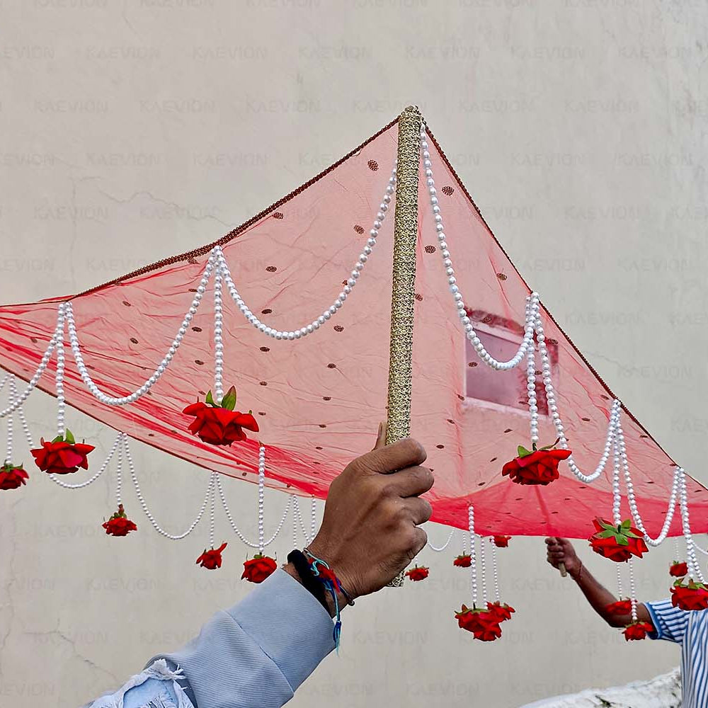 KAEVION Bridal Entry Phoolon ki Chaddar with Artificial Roses and Pearl Drops | Traditional Indian Wedding Bride Entry Canopy with Sticks | Net Wedding Chaddar for Haldi, Mehendi, Nikah