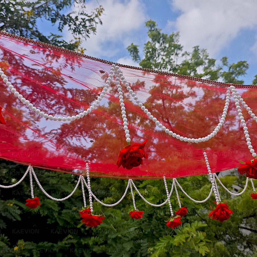 KAEVION Bridal Entry Phoolon ki Chaddar with Artificial Roses and Pearl Drops | Traditional Indian Wedding Bride Entry Canopy with Sticks | Net Wedding Chaddar for Haldi, Mehendi, Nikah