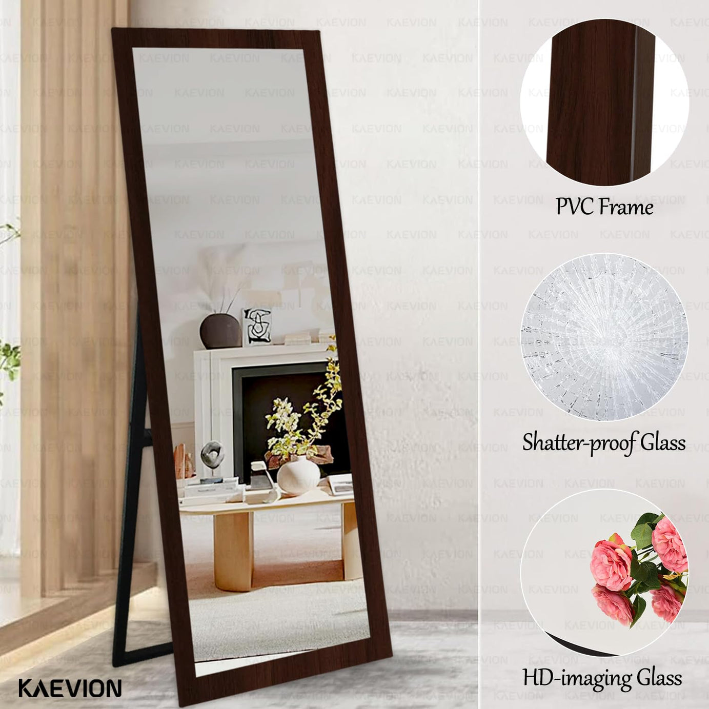 kaevion Cheval 5 Feet Full Length Mirror 5MM Glass | Floor Standing Long Size Mirror | Amazon Full-Length Mirror with Stand for Living Room, Bedroom, Dressing Room- Brown