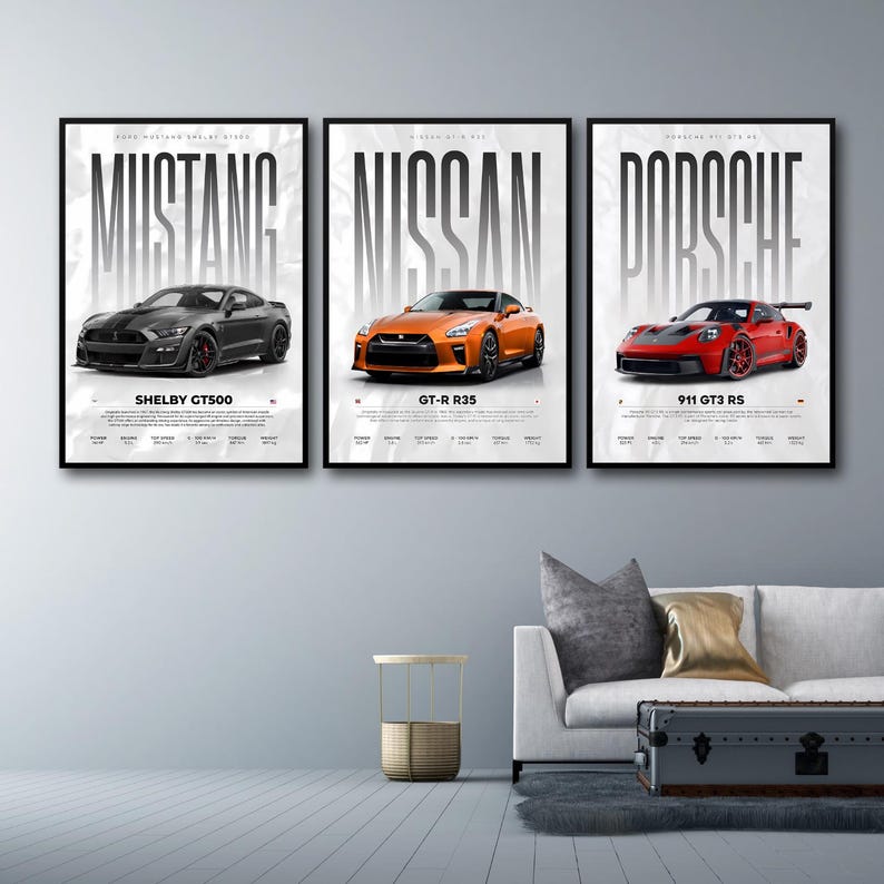 Kaevion Porsche 911 GT3 RS, GT-R R35, GT500, Matte Wall Poster Frames, Car Theme Frames, Hanging Aesthetic Poster for Home, Bedroom, Office