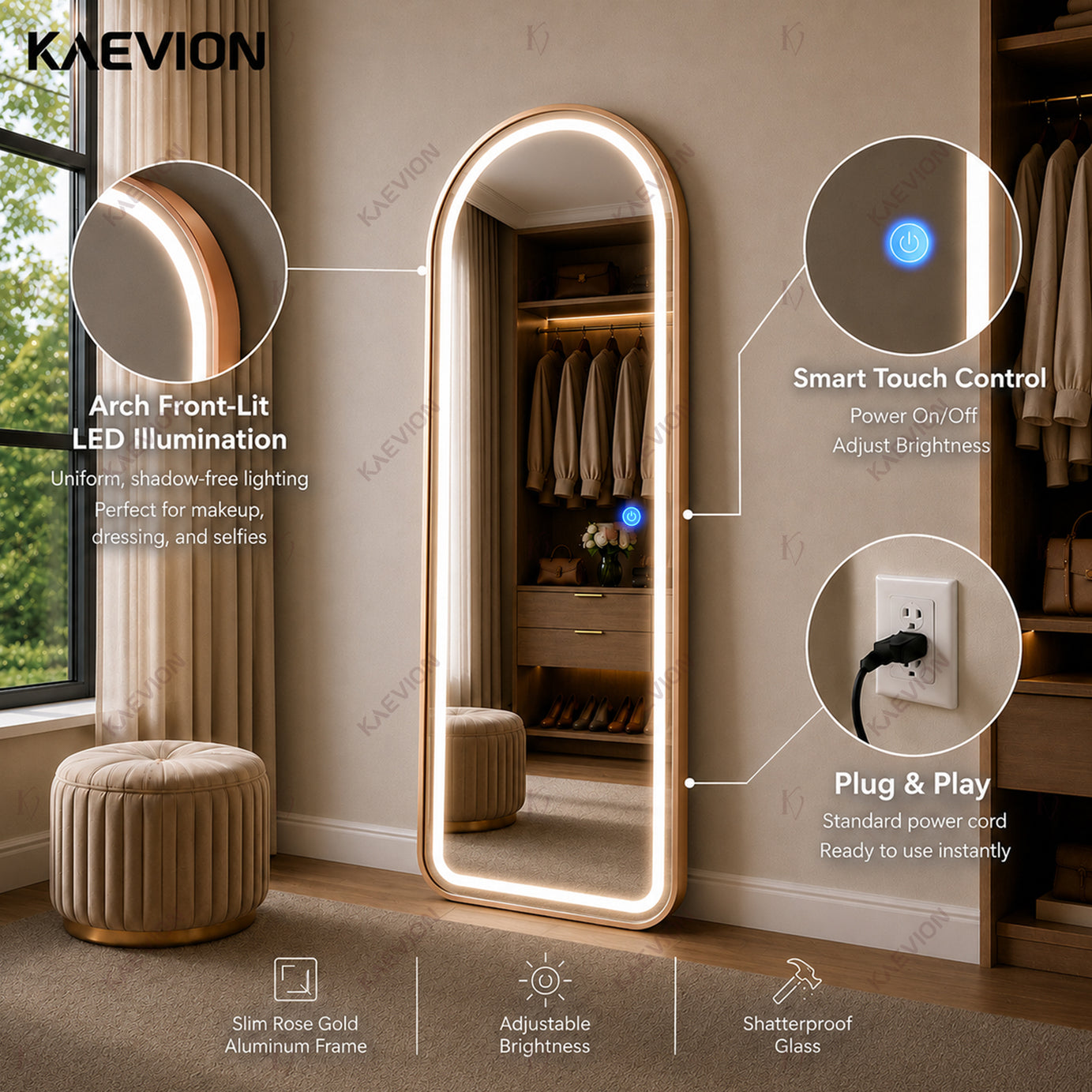 5 Feet 3 in 1 LED Lighted Arch Mirror, Rose Gold | Full Length, Wall-Hanging, Premium 5mm Thick Frame, Backlit Tall Arched Vanity Mirror