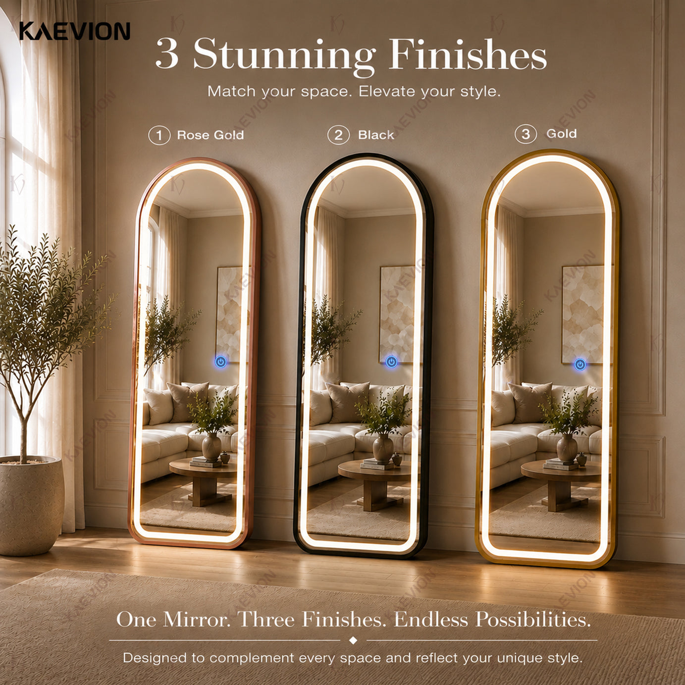 5 Feet 3 in 1 LED Lighted Arch Mirror, Rose Gold | Full Length, Wall-Hanging, Premium 5mm Thick Frame, Backlit Tall Arched Vanity Mirror