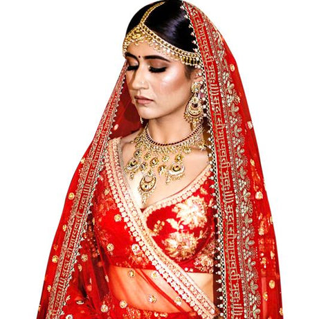 KAEVION Bridal Sada Saubhagyavati Bhav Embroidery with Moti Lace dupatta | Bridal Entry Dupatta for Wedding Roka Ceremony | Traditional Outfits Dulhan Chunari Special Gift For Wife