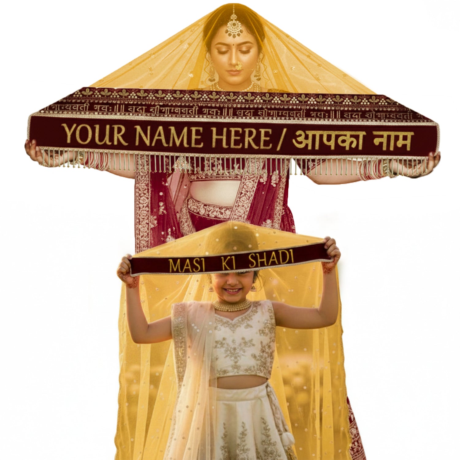 Kaevion Embroidered Indian Wedding Duppata with Name | Customized Name Dupatta with Kid’s Dupatta | Net Bridal Entry Dupatta
