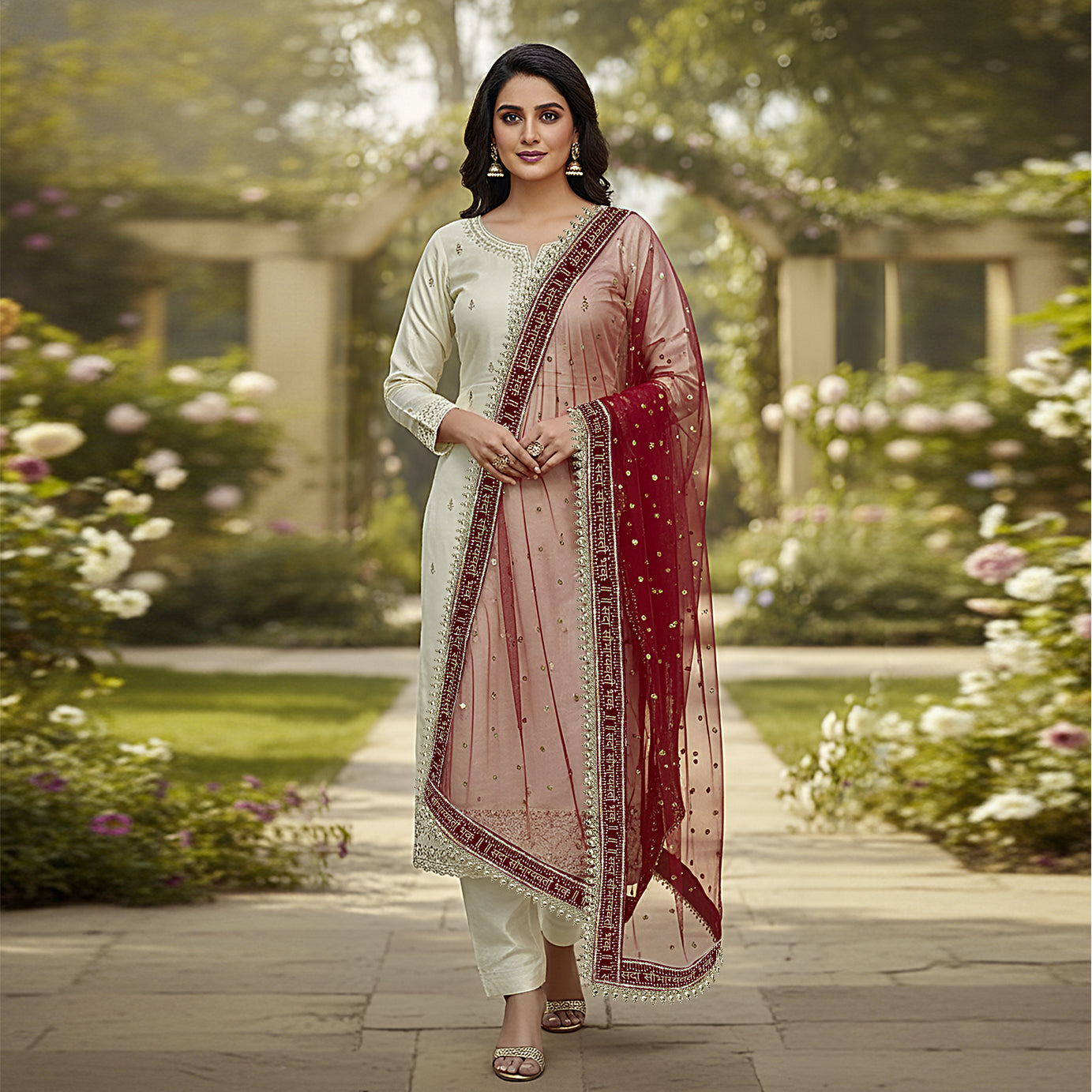 Bridal Sada Saubhagyawati Maroon Marriage Dupatta for Religious Functions, Wedding Rituals and Marriage Ceremonies