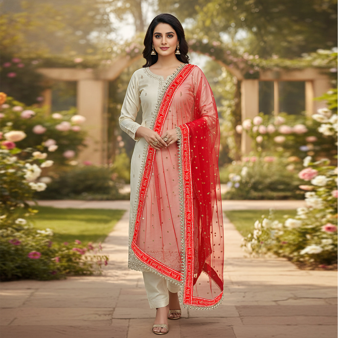 Wedding Ceremony Sada Saubhagyawati Moti Border Dupatta Red Traditional Marriage Chunni