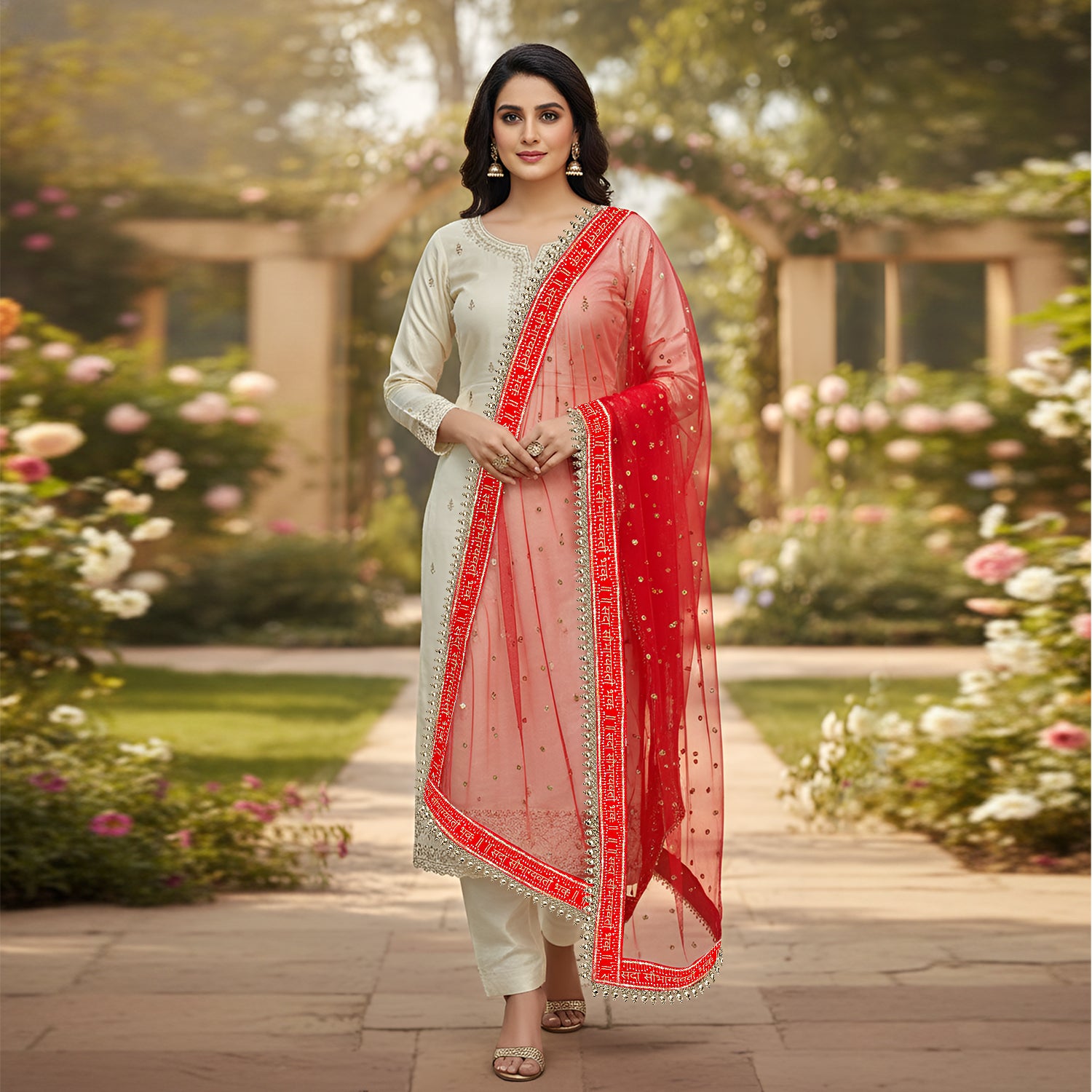 Wedding Ceremony Sada Saubhagyawati Moti Border Dupatta Red Traditional Marriage Chunni