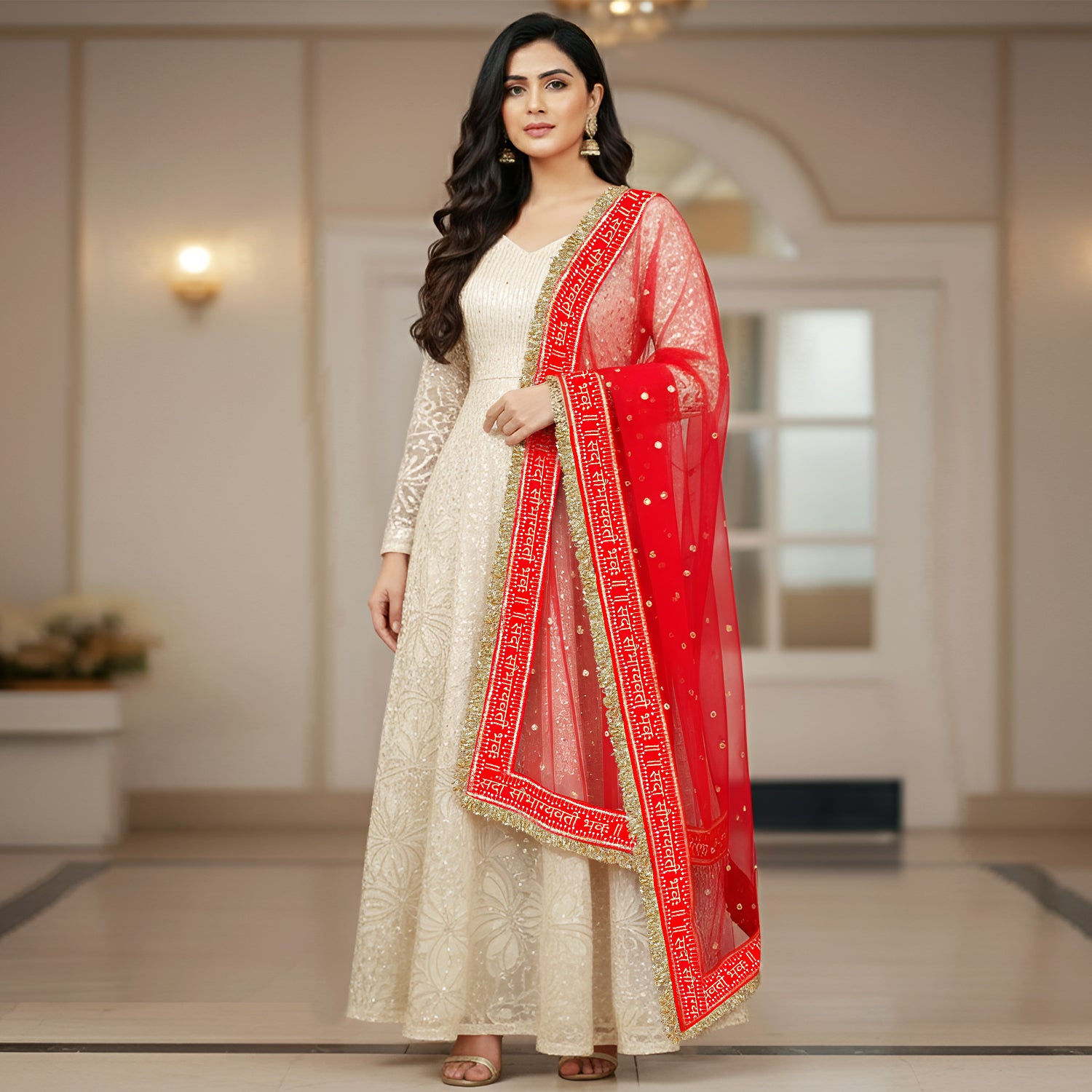 Kaevion Sada Saubhagya Dulhan Dupatta | Bridal Kiran Sequins Red Dupatta | Wedding Day Bride Chunni