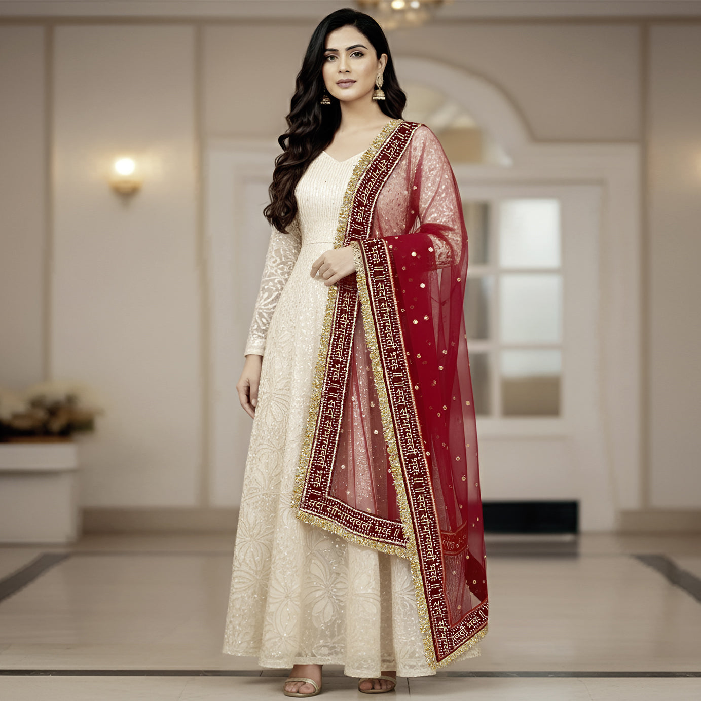 Kaevion Sada Saubhagyawati Bhawa Pooja Dupatta | Kiran Sequins Border Maroon Chunni for Griha Pravesh