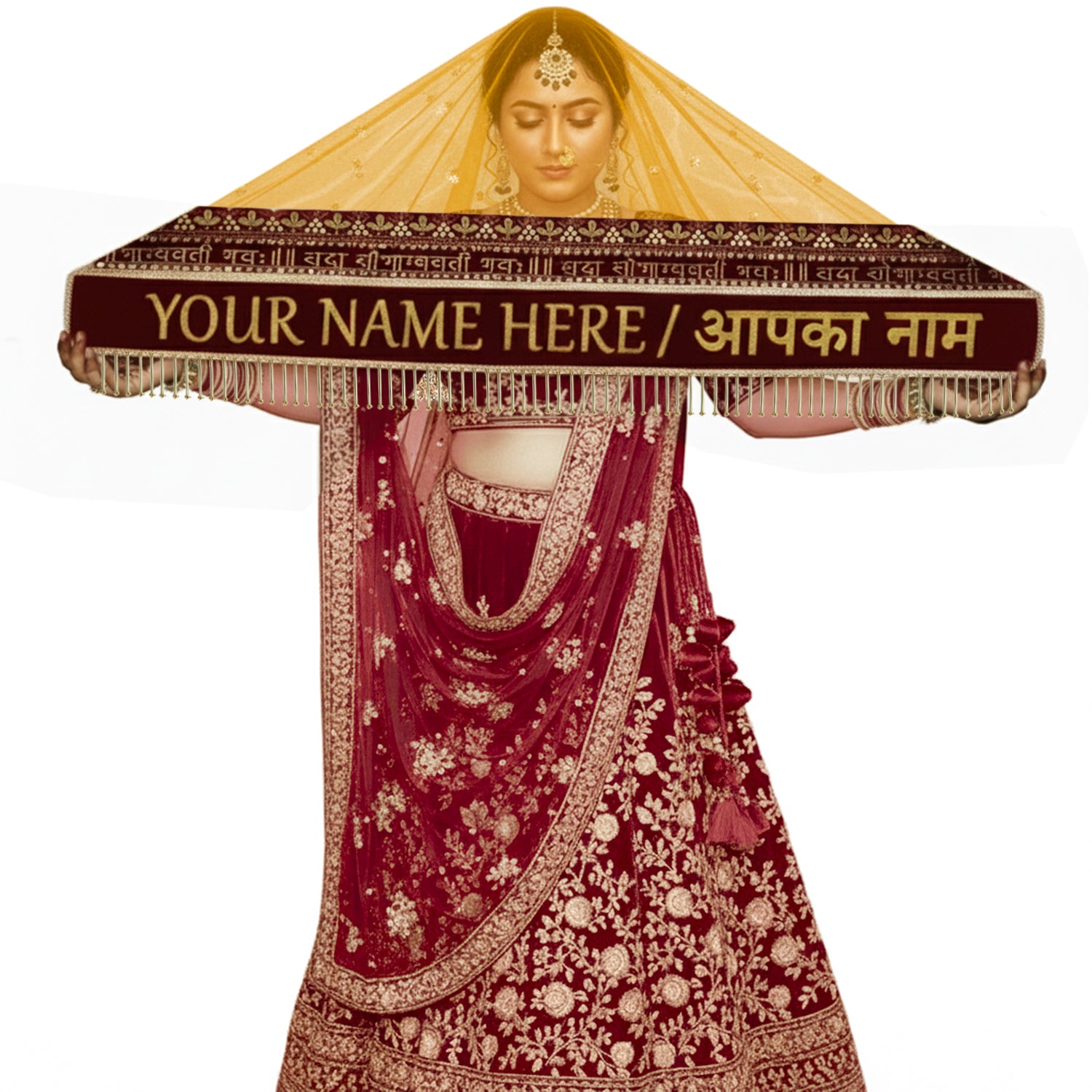 Kaevion Customized Wedding Dupatta, सदा सौभाग्यवती भवः/Sada Saubhagyawati Bhawa Pipelace Borders Dulhan Dupatta for Wedding & Reception, Matrial Functions