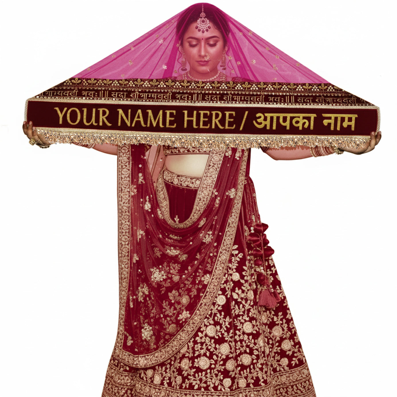 KAEVION 2.5 Meter Net Bridal Entry Dupatta with Dulha Dulhan Name and Sada Saubhagyavati Bhav Border with Sequins Lace | Dulhan Entry Customised Name Dupatta for Wedding, Marriage and Reception