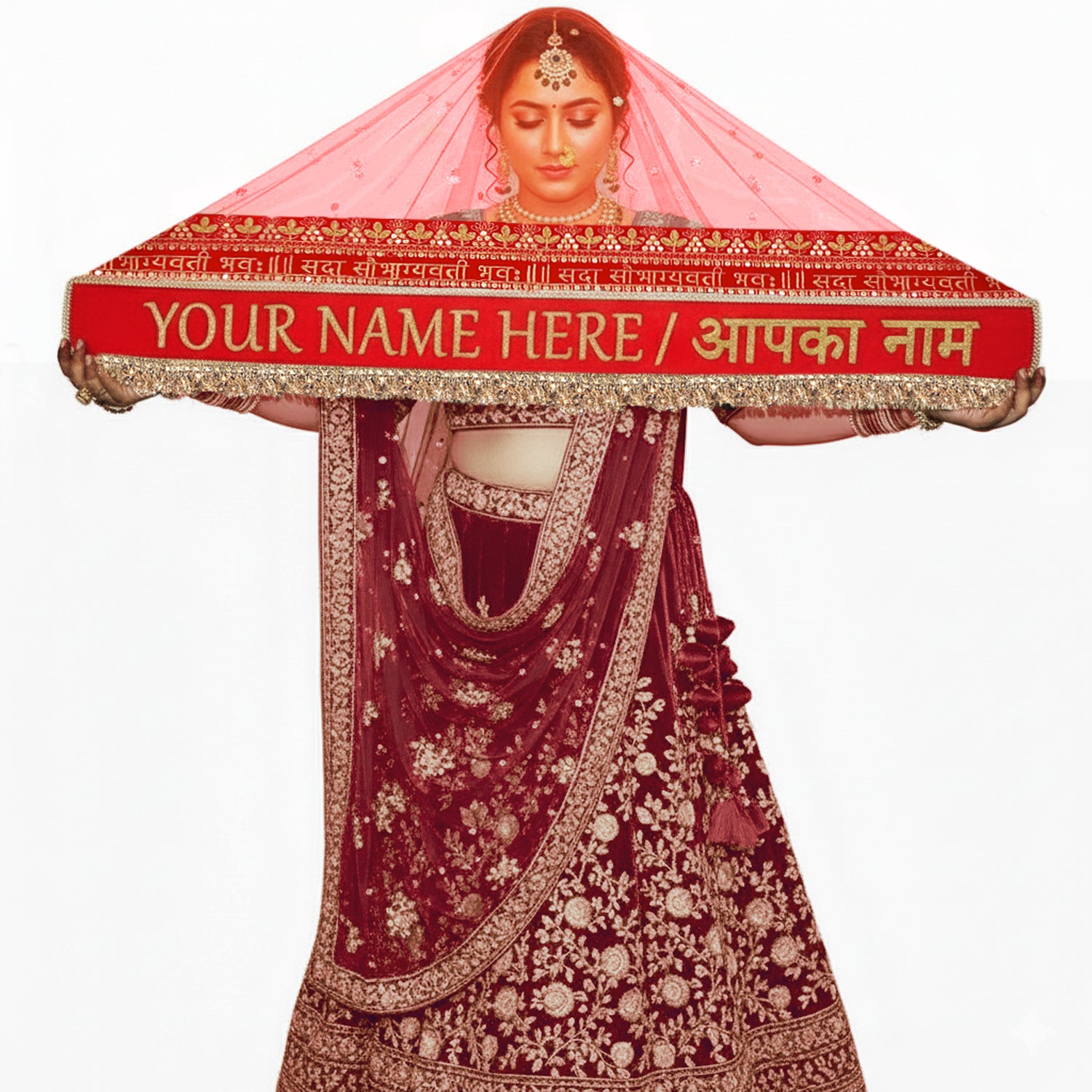 KAEVION 2.5 Meter Net Bridal Entry Dupatta with Dulha Dulhan Name and Sada Saubhagyavati Bhav Border with Sequins Lace | Dulhan Entry Customised Name Dupatta for Wedding, Marriage and Reception
