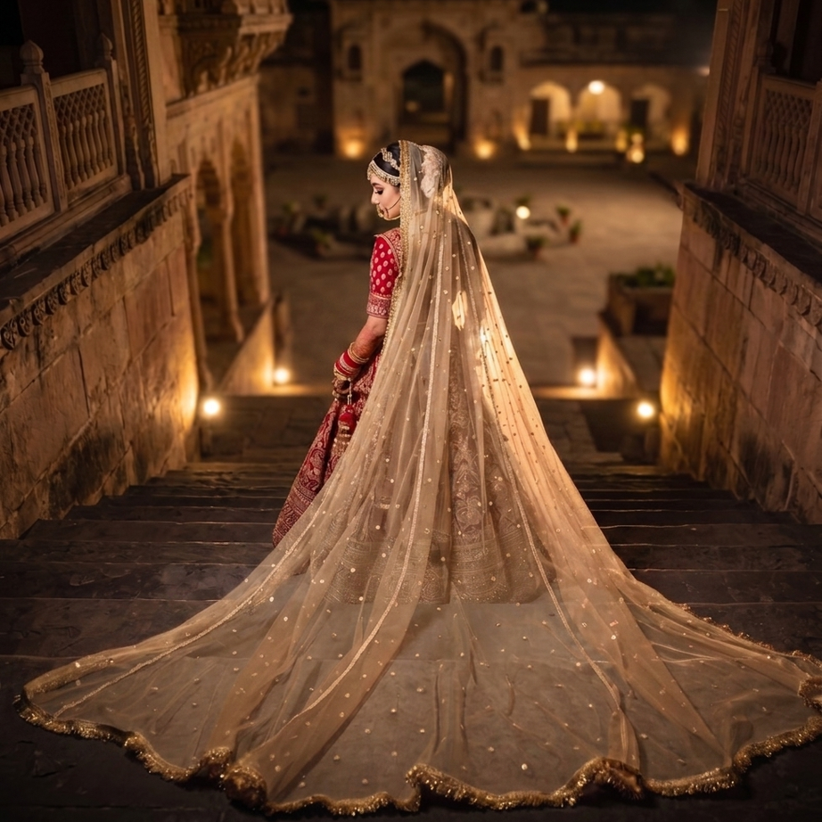 KAEVION Premium Cream Bridal Wedding Veil Long Embroidered Net Veil With Sequin Work, Traditional Bridal Dupatta For Wedding & Reception.