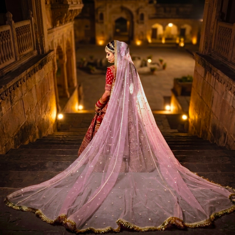 KAEVION Light Pink Bridal Veil Elegant Long Trail Soft Net Veil With Sparking Embellishments For Wedding, Reception & Bridal Photoshoots.