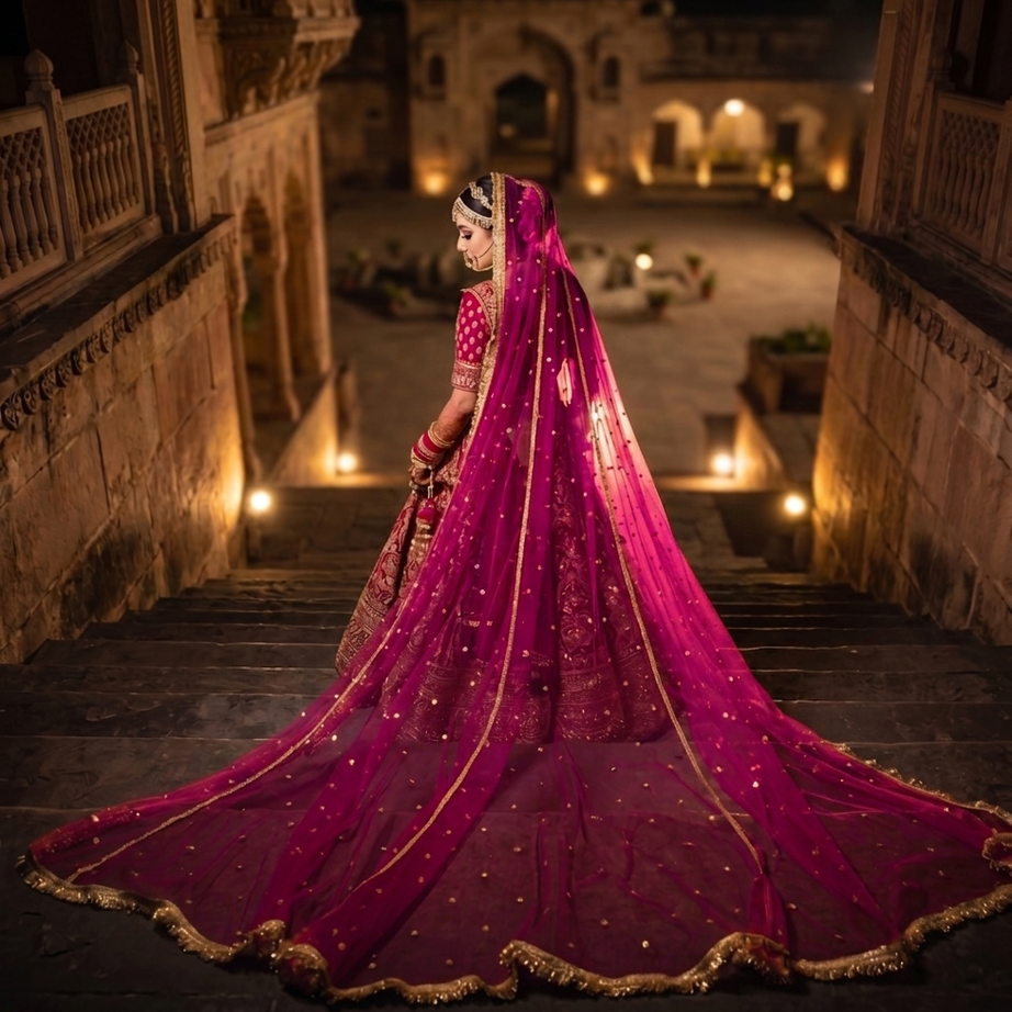 KAEVION Royal Magenta Bridal Veil Luxury Long Trail Net Veil Whit Handcrafted Sequin Embellishments For Wedding & Reception.
