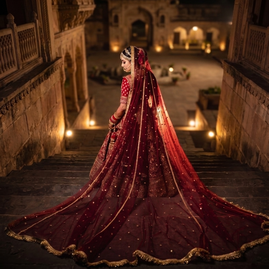 KAEVION Majestic Maroon Bridal Trail Veil Crafted For Grand Bridal Moments Luxury Bridal Net Veil With Graceful Drape