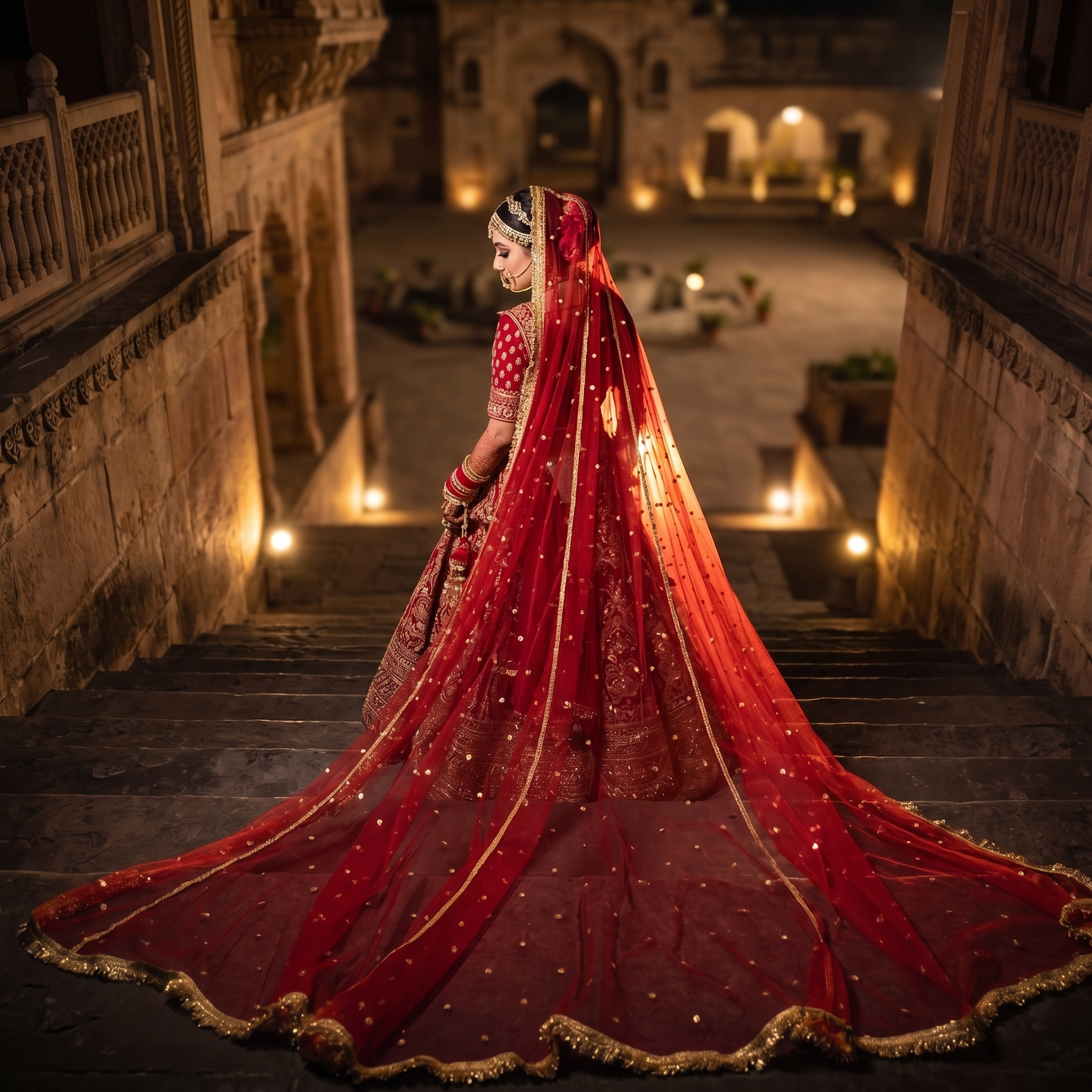 KAEVION Premium Bridal Wedding Veil Long Red Embroidered Net Veil Whit Sequin Work, Tradisitional Bridal Dupatta For Wedding & Reception.