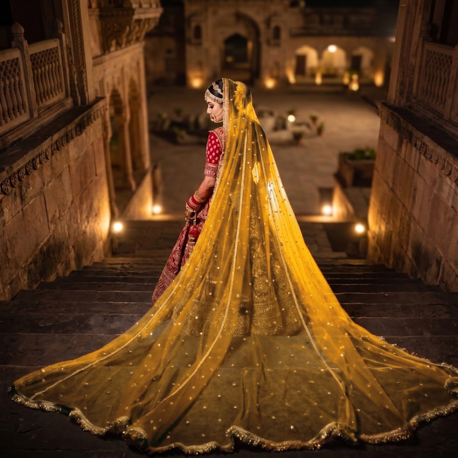 KAEVION Sunshine Yellow Bridal Veil Elegant Long Trail Wedding Veil For Haldi Mehndi & Bridal Celebrations And Luxury Flowing Bridal Accessory.