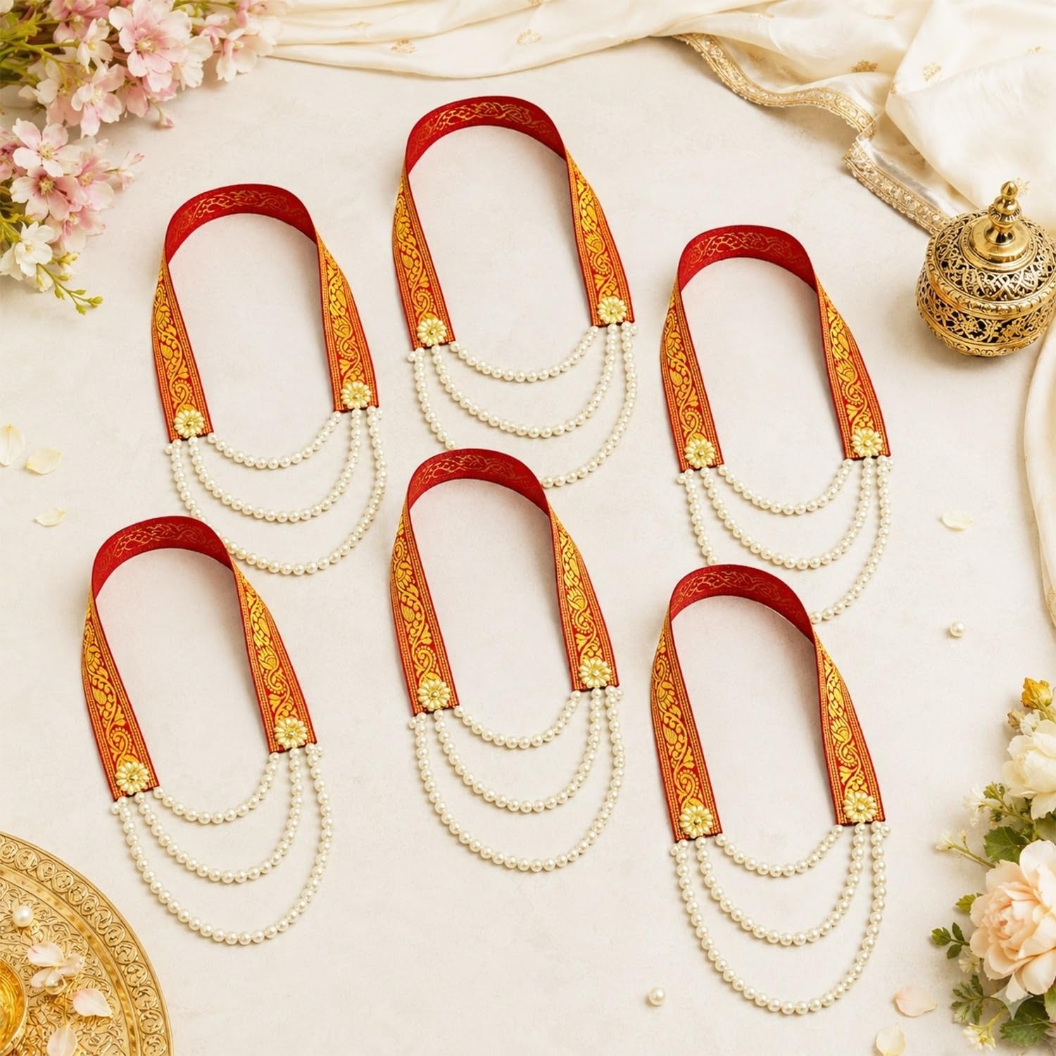 KAEVION Wedding Mala Traditional Red & Gold Embroidered Fabric Garland With Pearl Hanging Baraat Entrance & All Wedding Celebration