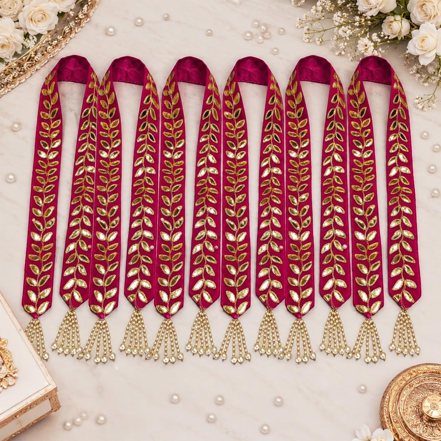 Kaevion Premium Pink Velvet Swagat Mala Featuring Elegant Golden Leaf Embroidery And Decoretive Tassels.