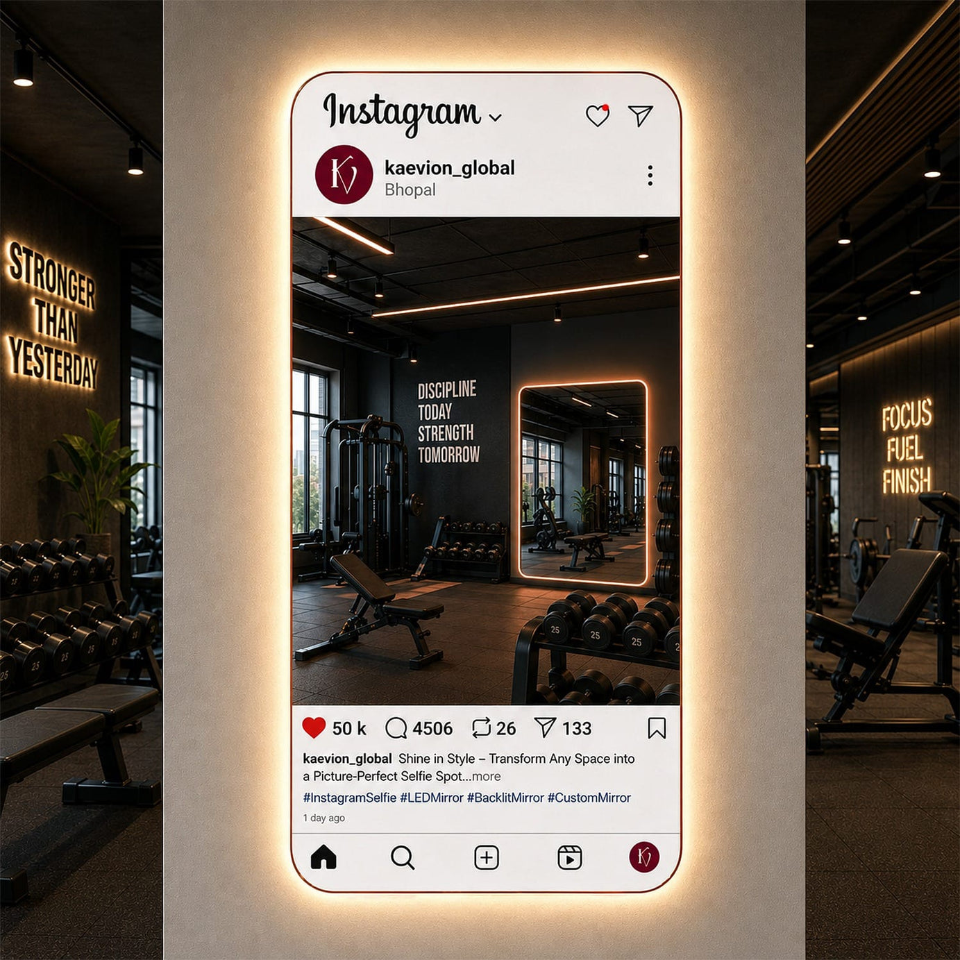 Kaevion® Personalized Instagram Selfie Mirror Social Media Interface Design Premium Backlit With Touch Sensor