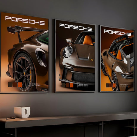 Kaevion Sports Car Wall Frames, 911 Car Model Wall Decor, Wall Art for Automotive Companies, telecom Companies, Car Showrooms- Set of 3 (Tuscan Brown)
