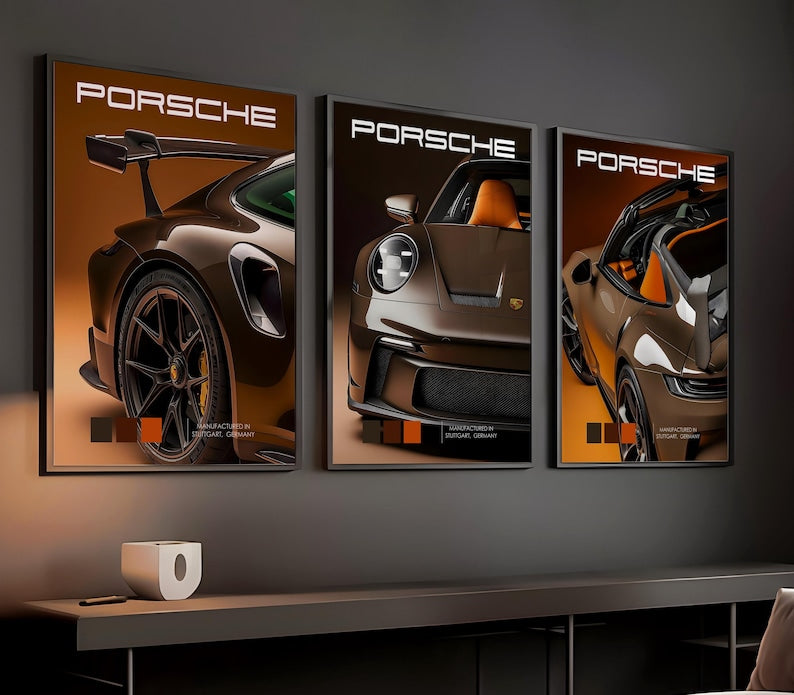 Kaevion Sports Car Wall Frames, 911 Car Model Wall Decor, Wall Art for Automotive Companies, telecom Companies, Car Showrooms- Set of 3 (Tuscan Brown)